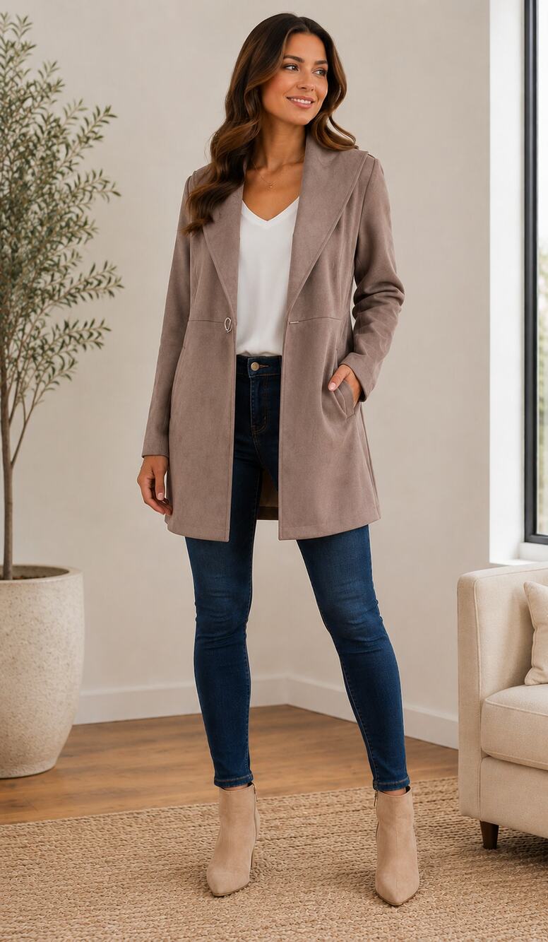 Solitaire Soft Taupe Faux Suede Shawl Collar Duster Waterfall Coat Jacket Small